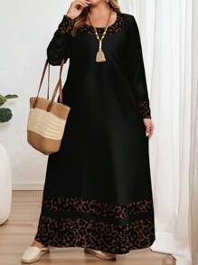 EMERY ROSE Plus Size Casual Simple Round Neck Long Sleeve Dress, Suitable For  Chic Dress,Spring/Summer/Vacation - Multicolor - View 3