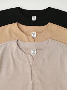 SHEIN 3pcs Kids Tween Boy Beige Summer Casual School Back-To-School Japanese Style V-Neck Pullover Short Sleeved Loose Knit T-Shirt Multi Piece Set - Multicolor - View 7