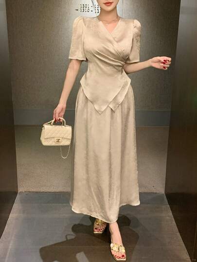 Women Acetate Loose Cross Blouse And Skirt 2pcs Set