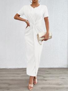 Chiquease Twist Front Solid Longline Dress For Summer Maxi Women Outfit - White - View 6