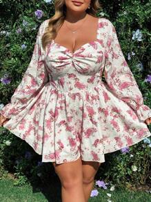 Flirla Elegant Floral Embroidery High Waist Shirred Jumpsuit With Short Sleeve, Romantic Vacation Style, Fabric With Floral Print - Multicolor - View 1