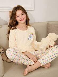1 套青少年女孩圆领长袖印花休闲上衣和裤子睡衣