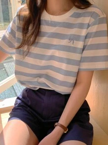 DAZY Women Crew Neck Striped Embroidered Bow Short Sleeve T-Shirt Summer - Blue - View 6