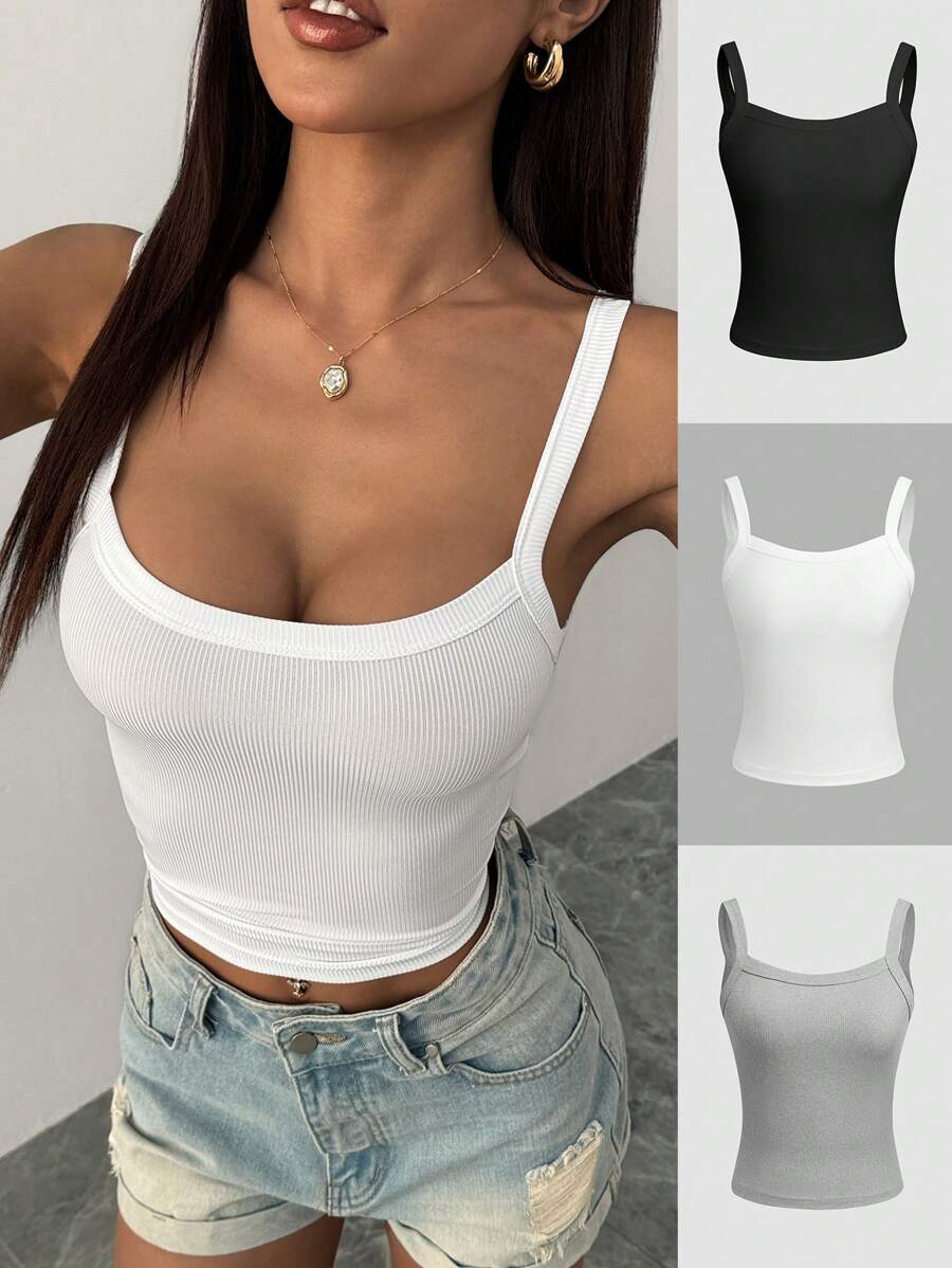 Chiquease Bộ 3 áo crop top liền mạch ôm vừa vặn có gân cho nữ - Nhiều màu - Xem 1