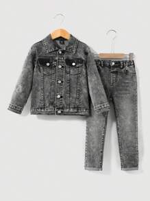 SHEIN Young Boys' 2pcs/Set Street Cool Retro Grey Denim Lapel Long Sleeve Denim Jacket And High Stretch Skinny Jeans,For Young Boys School And Daily Wear Clothes