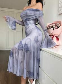 DAZY 女士碎花印花喇叭袖鱼尾中长连衣裙，荷叶边，秋季长袖连衣裙，露肩上衣