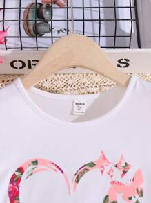 SHEIN Bộ 2 chiếc/Bộ Áo thun cổ tròn tay ngắn in hình trái tim và hoa màu trắng cho bé gái tuổi teen và chân váy in hình hoa màu hồng ngọt ngào, thích hợp mặc đi nghỉ, tiệc tùng, ăn trưa, lễ hội âm nhạc, mặc thường ngày - Hồng - Xem 4