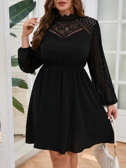 SHEIN Frenchy Plus Size Casual Black Dress Holiday Textured Chiffon Ruffle Hem Shirt Dress,Graduation Dress