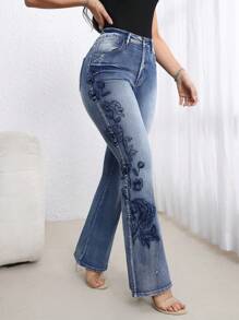 EMERY ROSE Pantalones vaqueros casuales de mujer con bolsillos delanteros con botones y bordados - Azul - Ver 8