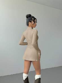 Aloruh 2 件套女式纯色前拉链长袖毛衣和迷你裙 - 卡其色 - 查看 2