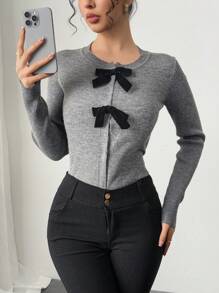 SHEIN Privé 女士杏色蝴蝶结前襟长袖开衫