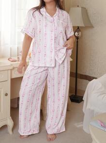 SweetSlumber Plus Size Women Bow Knot Print Short Sleeve Top And Pants Pajama Set