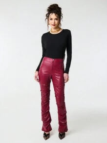 SHEIN Unity 纯色圆领流苏边露背长袖连体衣带垫肩 - 黑色 - 查看 3