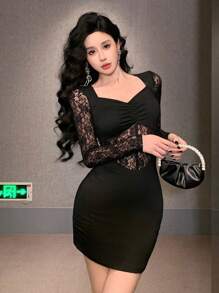 DAZY Sheer Lace Patchwork Fitted Waist Mini Black Dress For Women,Fall Dress Long Sleeve Dress
