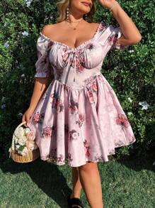 Flirla Plus Size Women Boho Square Neck Bowknot Waist Print Short Sleeve Elegant Vintage Resort Dress, For Summer - Pink - View 5