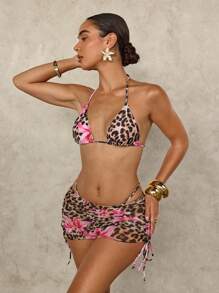 SHEIN Swim 2 piezas Conjunto de bikini con escote halter sexy para mujer, con estampado de leopardo y floral, para el atuendo del festival de música 2025, para vacaciones en la playa de verano