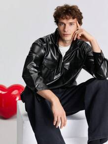 Ontre 男士秋季长袖 PU 皮革拉链门襟时尚衬衫 - 黑色 - 查看 1