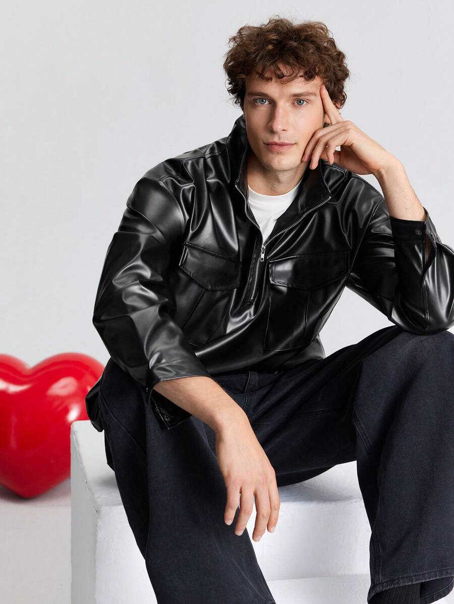 Ontre 男士秋季长袖 PU 皮革拉链门襟时尚衬衫 - 黑色 - 查看 1