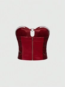 ROMWE J-Fashion 女士复古性感 PU 蛇皮拼布水钻心形装饰短款抹胸上衣 - 酒紅色 - 查看 2