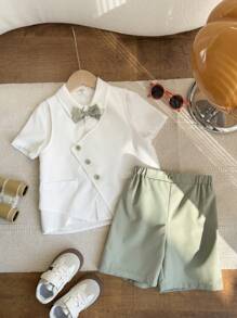 2pcs Toddler Boys Casual Set - Front Button Short Sleeve Top And Shorts - White - View 1