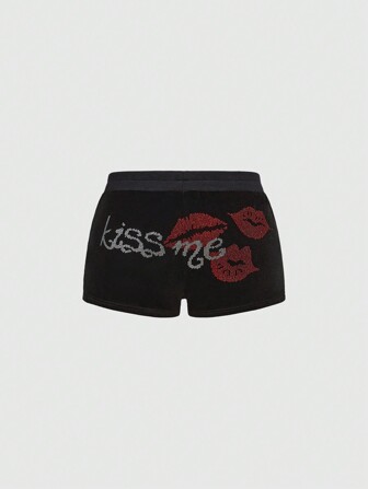 Kawaii Short taille basse en velours imprimé lèvres pour la Saint-Valentin, dans le style Y2K