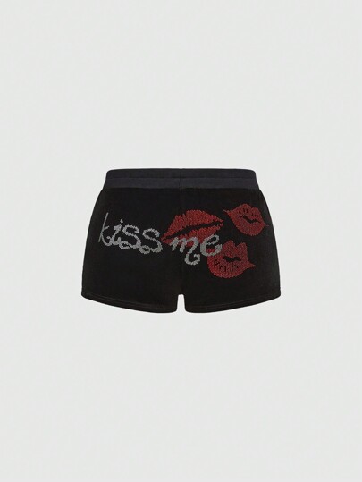 Kawaii Pantaloncini in velluto a vita bassa con stampa a labbra, in stile Y2K, adatti per San Valentino