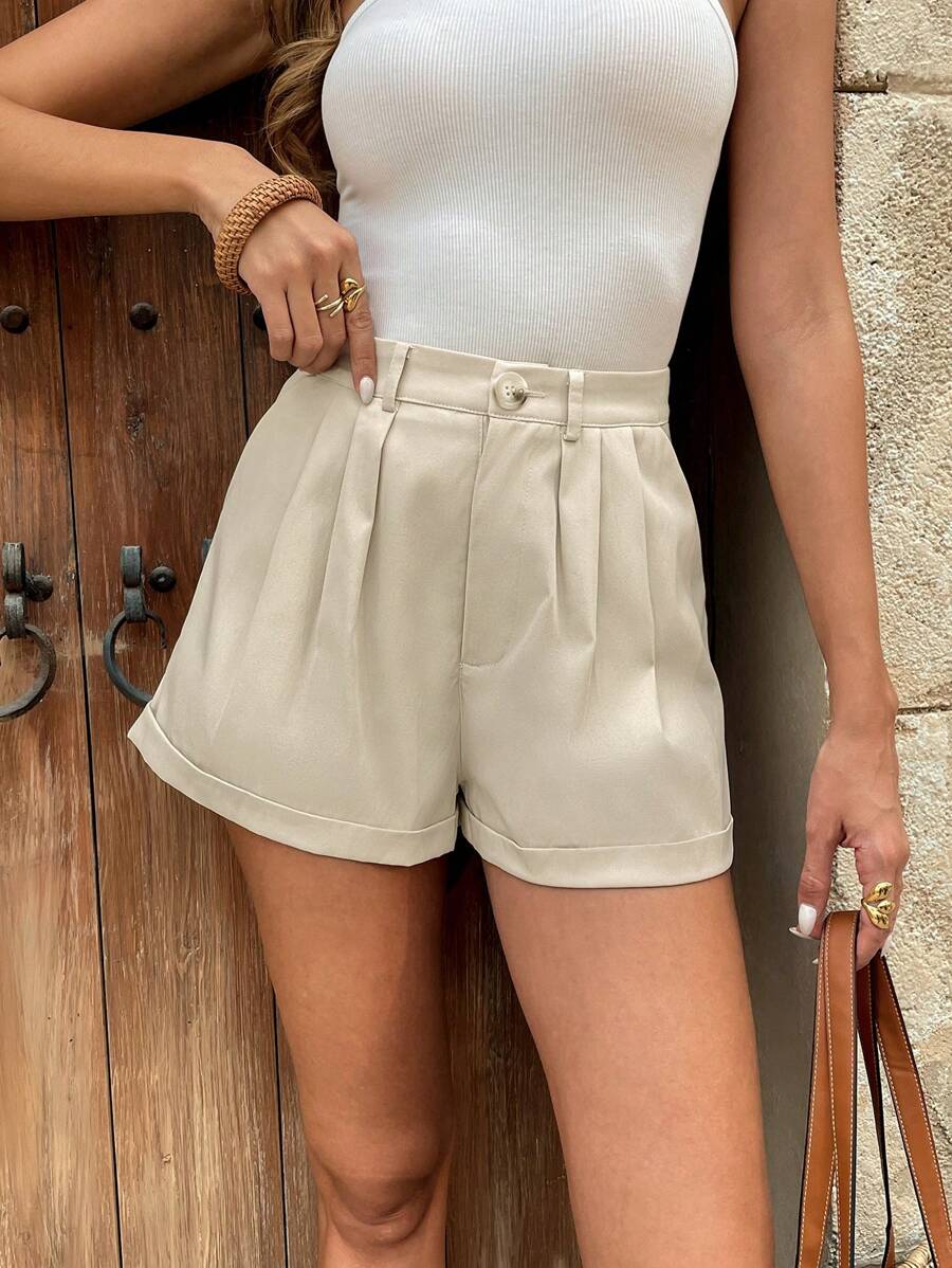 Chiquease 女式新款法式休闲百搭卷边腰褶杏色短裤 - 杏色 - 查看 1