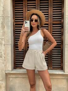 Chiquease 女式新款法式休闲百搭卷边腰褶杏色短裤 - 杏色 - 查看 4