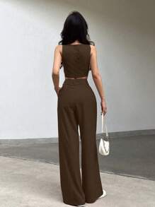 SHEIN Essnce 2pcs Women Plain Single-Breasted Cropped Vest And Pants Set - Coffee Brown - View 2