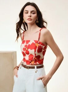 Anewsta 女士编织红杏色大花印花珠饰肩带时尚百搭背心夏季优雅度假