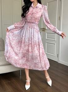 DAZY 一件女士中长款印花连衣裙，灯笼袖配腰带，优雅衬衫裙，秋季长袖连衣裙 - 粉色 - 查看 3