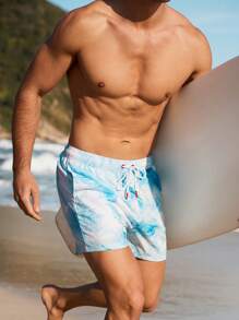 CoralVoy Shorts Casual de Praia com Cordão na Cintura e Estampa Tie-Dye Masculina - Azul e Branco - Visão 3