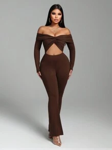 Zolique Women's Solid Color Off Shoulder Long Sleeve Twist Hole Jumpsuit - Brown - View 4