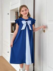 SHEIN Leap Crew Tween Girls 经典百搭对比色彼得潘领蝴蝶结荷叶边宽松休闲连衣裙，适合返校和日常穿着 - 藍色 - 查看 4