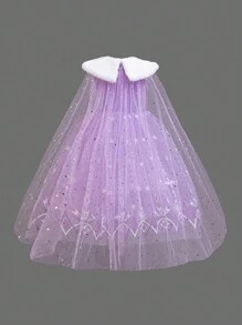 Glamorique Kids Young Girl Princess Dress, Purple Snowflake Print Mesh Fluffy Skirt, White Fur Collar Sequin, Star & Moon Cape, European & Stage Performance Costume, Flower Girl Dress
