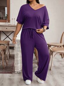 EMERY ROSE 2 Piezas del conjunto de talla grande con parte superior y pantalones de unicolor, uso casual de todos los días simple y de moda
