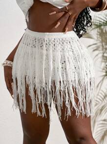 Slaydiva Summer Vacation Crochet Fringe Low Waist Crop Mini Skirt - A - White - View 5