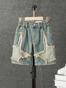 SHEIN Vintage Blue Elastic Waist Casual Splice Distressed Denim Shorts, Fashionable Streetwear For Young Boys, School, Campus, College