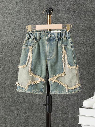 SHEIN Vintage Blue Elastic Waist Casual Splice Distressed Denim Shorts, Fashionable Streetwear For Young Boys, School, Campus, College