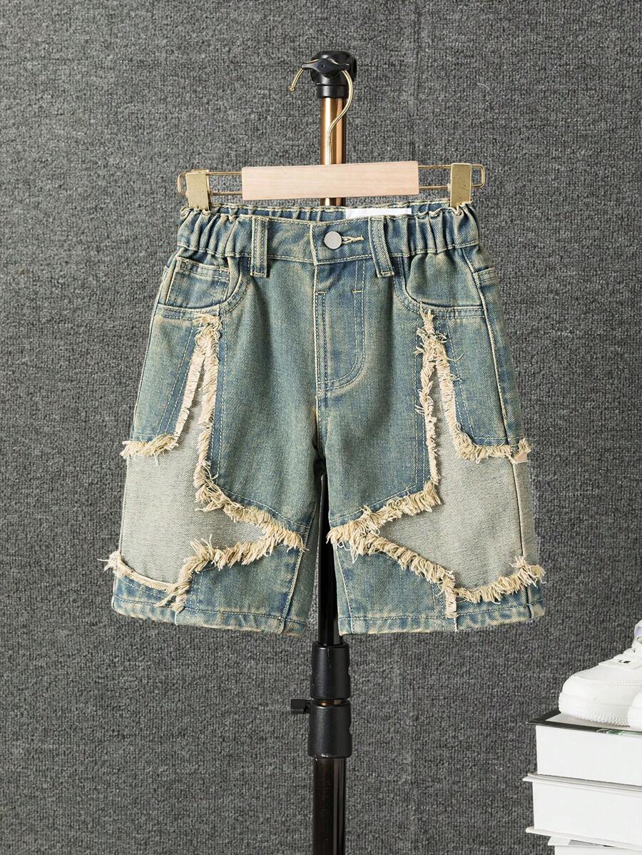 SHEIN Vintage Blue Elastic Waist Casual Splice Distressed Denim Shorts, Fashionable Streetwear For Young Boys, School, Campus, College