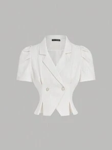 SHEIN MOD Apricot Short-Sleeved Suit Jacket With Lapel Puff Sleeves, Xiaoxiang Jacket, Elegant Jacket, Valentine's Day Clothing, New Year's Clothing - White - View 1