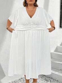 SHEIN CURVE+ Plus Size Women's Elegant Holiday Textured Polka Dot Butterfly Sleeve White Dress Boho Vacation - White - View 9