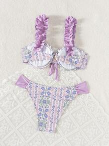 Swim Mod Springbreak Women Beach Wear Summer Outfits, Women's Multi-Colored Random Printed Ruched Strap Bowknot Underwire Cute & Sweet 2 Pieces Bikini Set, Boho Festival