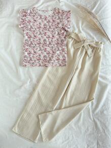 SHEIN Tween Girls Spring Pink Casual Retro Elegant Wave Stripe Printed Top And Elastic Waist Long Pants 2 Pieces Suit, Suitable For Home And Outing