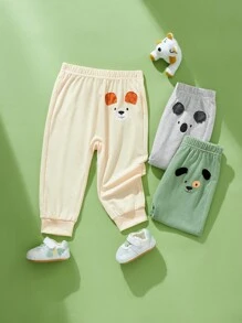 SHEIN 3 件套男婴可爱动物考拉熊和小狗印花耳饰休闲裤，百搭百搭长裤，莫兰迪混合，适合家居、休闲、户外活动、所有季节