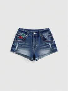 ROMWE Kawaii Cute Vintage American Cherry Embroidery Fringed Low Waist Mini Denim Shorts For Women, Suitable For Summer Concert, Festival, Beach Vacation