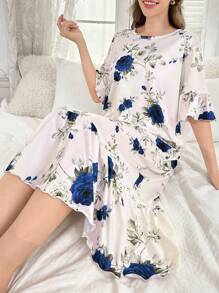 Ruffle Hem Floral Print Long Nightgown - Multicolor - View 3