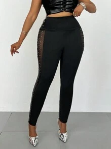 Maweii Plus Size High Waist Rhinestone Decor Mesh Patchwork Leggings, Slimming & Sexy - Black - View 7