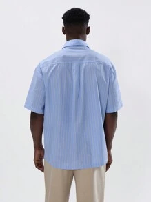 Musero Collared Button Through Short Sleeve Pin Stripe Oversized Double Patch Pocket Shirt Top Spring Summer Essentials - Blue - View 3
