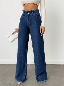 EURMUSE 100%Cotton Rigid, Belt Detailed Wideleg Fit - Dark Wash - View 5